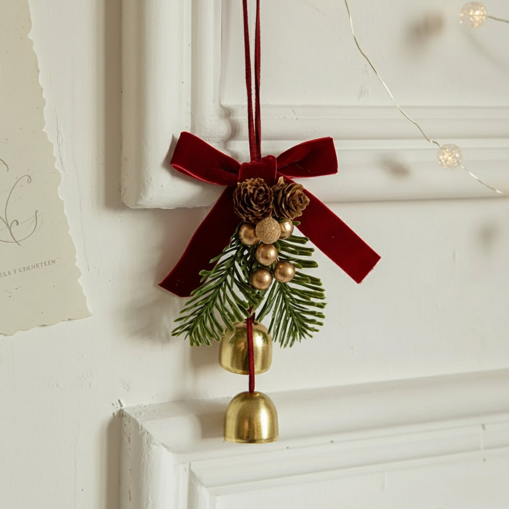 🎀 Christmas Velvet Bow & Pinecone Bell Ornament